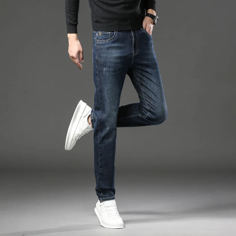 Men's Slim Straight Jeans Business Casual Fashion Scratch Denim Pants