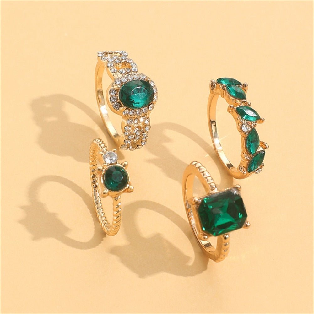 4Pcs Vintage Green Crystal Rings for Women Charms Geometric Set