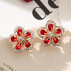 Fashion Red Rose Rhinestone Stud Earrings Flowers Jewelry