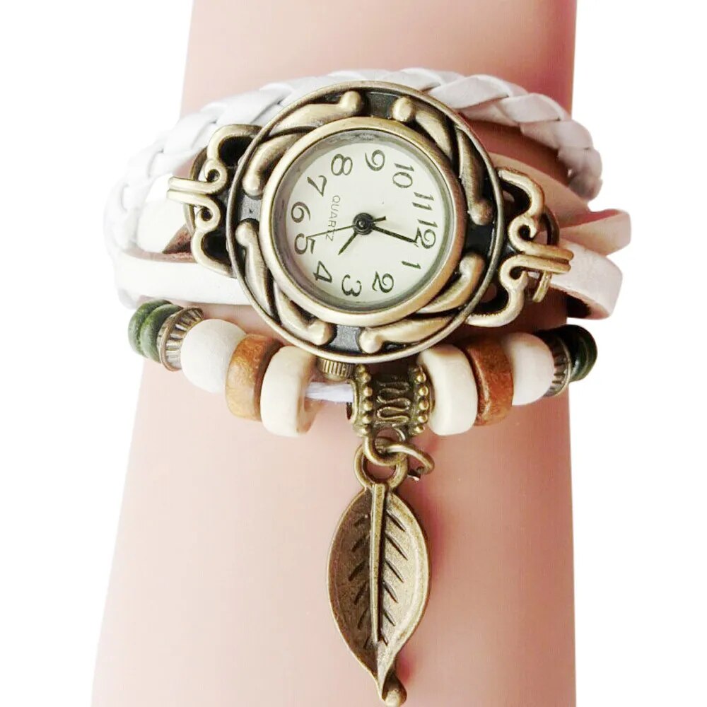 Fashion Women Watches Retro Leather Winding Bracelet Leaf