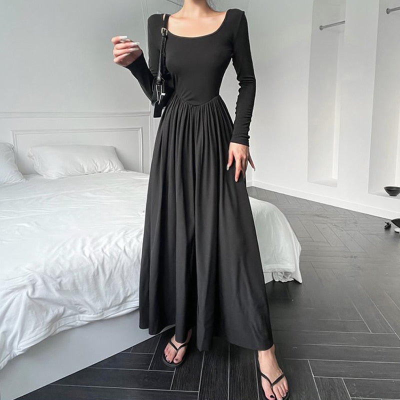 Style Fashion A Line Elastic Slim Long Sleeve Midi Dress