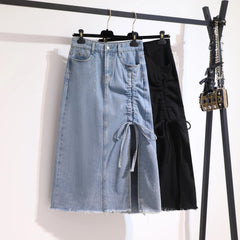 Chic Drawstring Denim Skirts Harajuku Style High Waist A-Line Streetwear