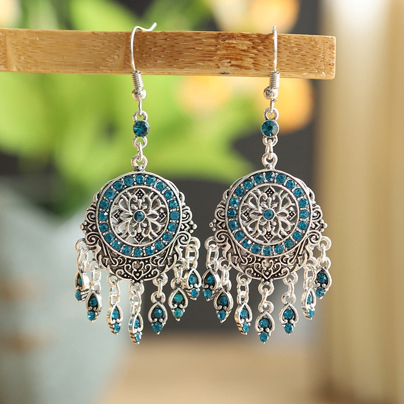 Bohemian Ethnic Long Blue Acrylic Crystal Water Drop Earrings Retro