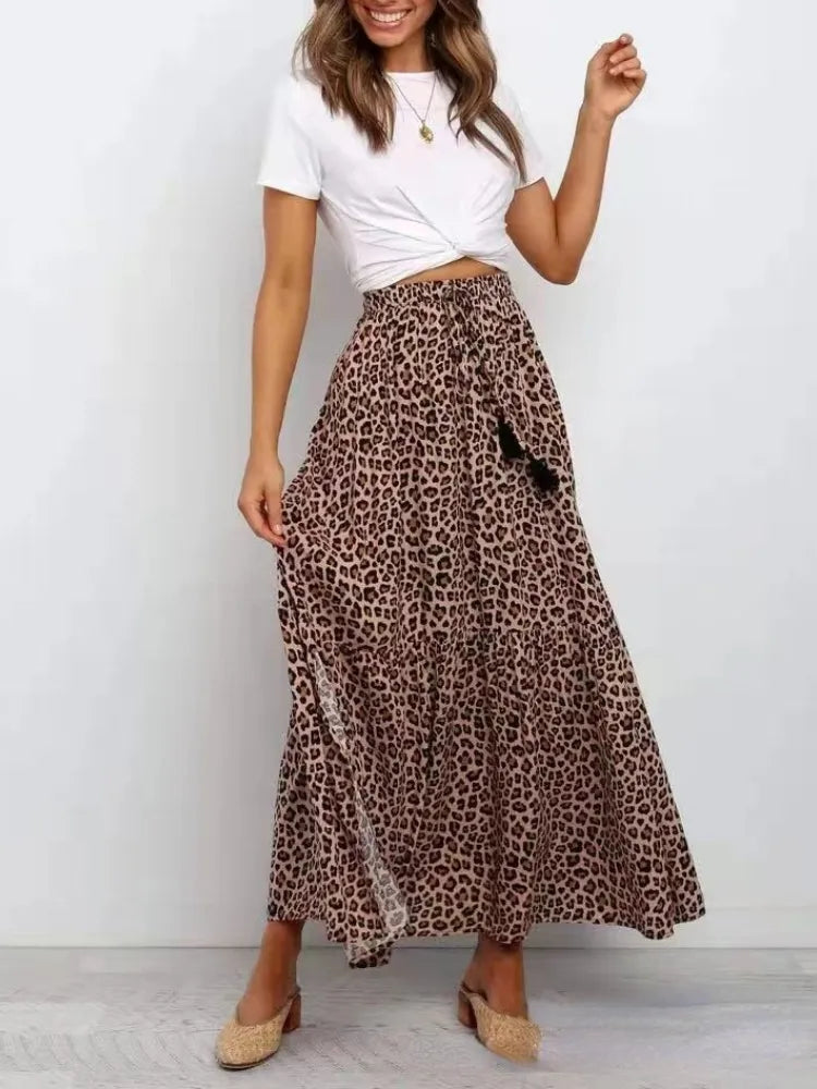 Vintage chic Hippie Leopard print Elastic Waist Split Bohemian skirt