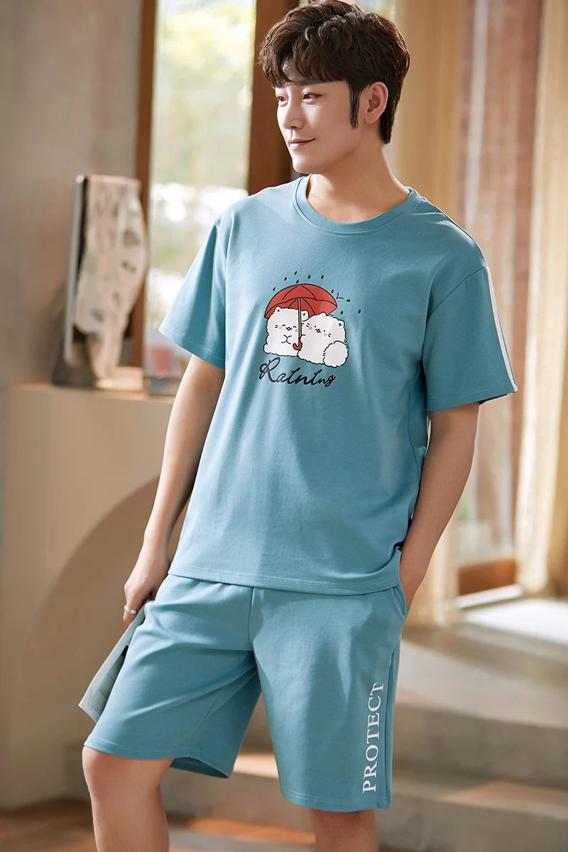 Mens Pajamas Casual Short Tops Lattice Short Pants