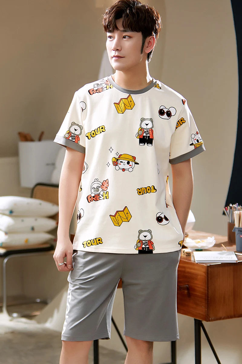 Mens Pajamas Casual Short Tops Lattice Short Pants