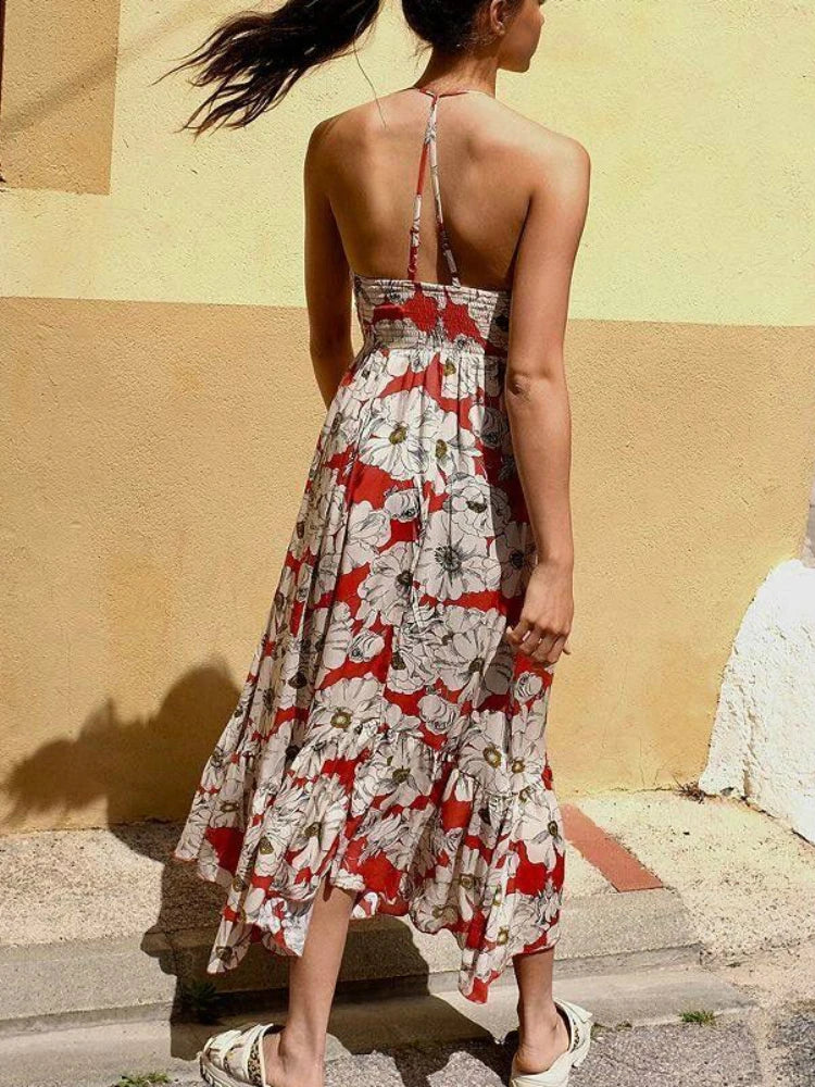 Vintage Chic Floral Print Sleeveless Bohemian Spaghetti Dress