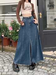 Vintage Blue A-line Split Hem Denim Long Loose High Waist