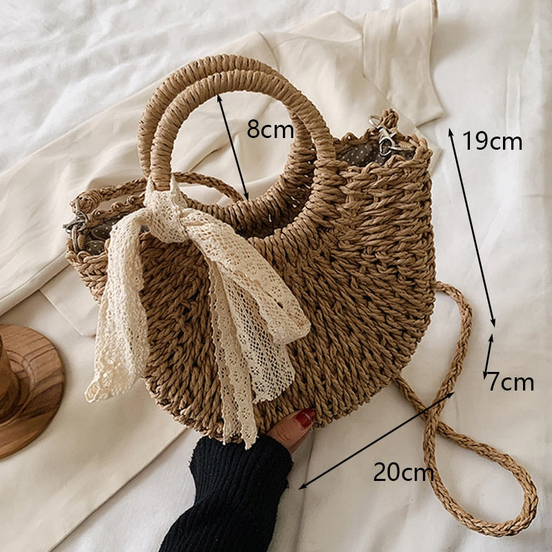 Round Straw Beach Vintage Handmade Woven Shoulder Bag