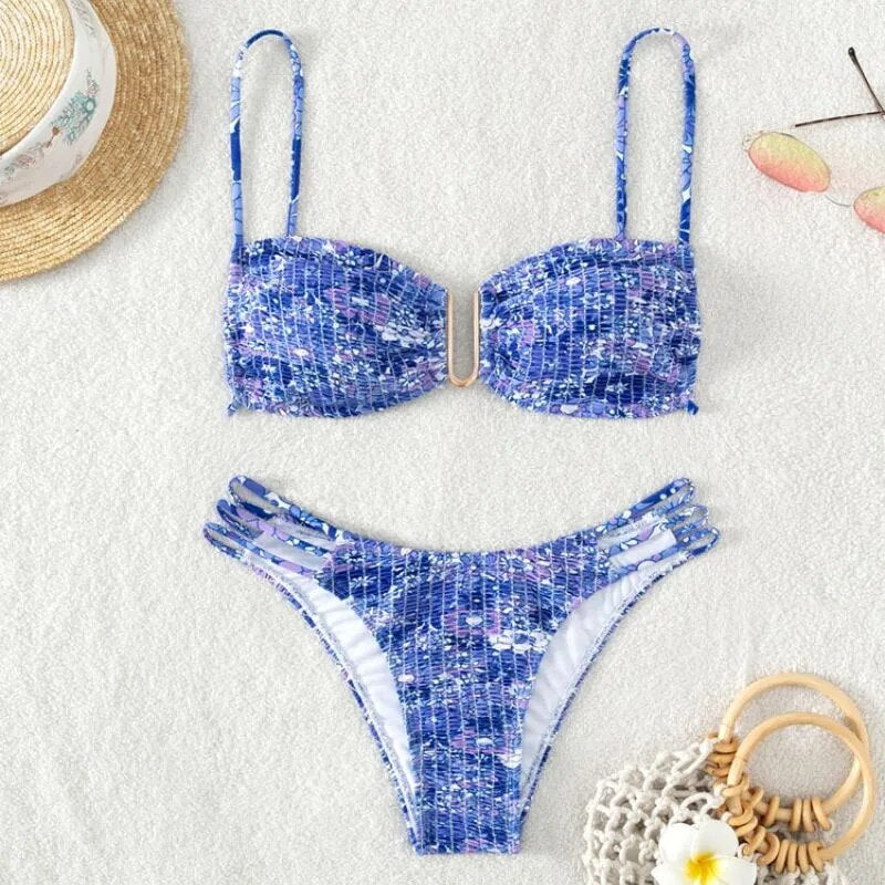 Floral Print Smocked Cut Out Bikinis Set