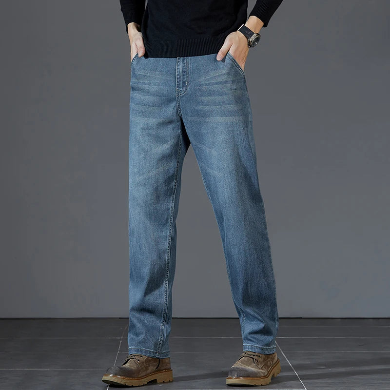 Men's Thick Straight-leg Lyocell Fabric Jeans Retro Denim Pants Classic