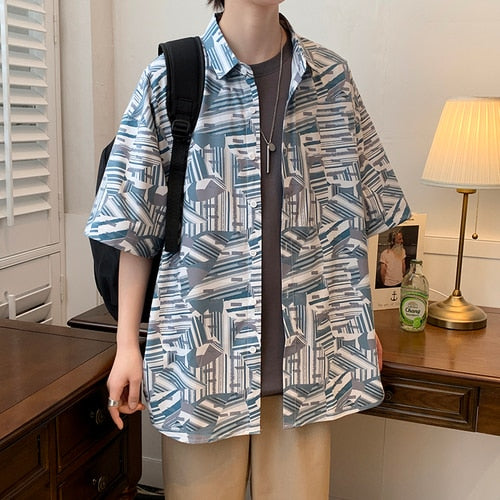 Casual Short Sleeve Loose Printed Turn Down Collar Shirts