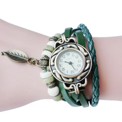 Fashion Women Watches Retro Leather Winding Bracelet Leaf