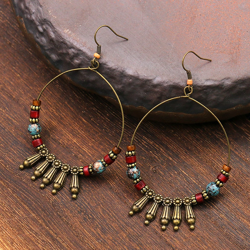 Vintage Bohemian Big Circle Earrings Ethnic Wood Bead