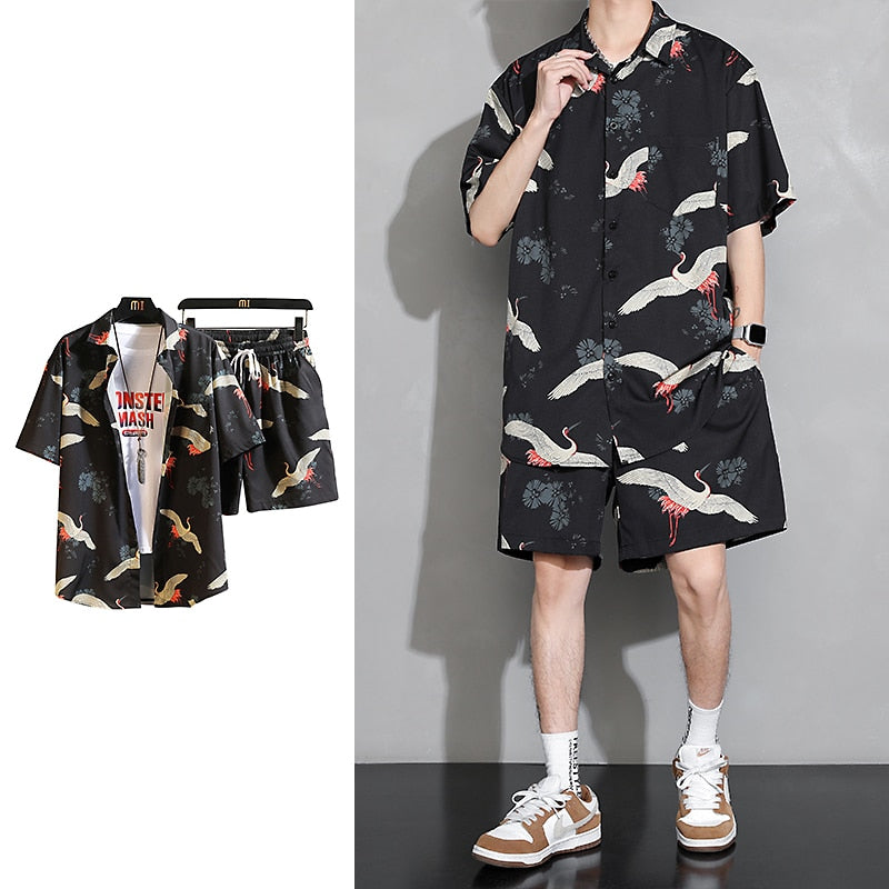 Y2k Crane Print Shirts Harajuku Tracksuits Vintage