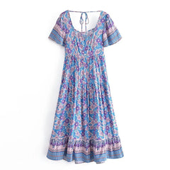 Floral Print Square Collar Short Sleeve Bohemian Midi Dress L