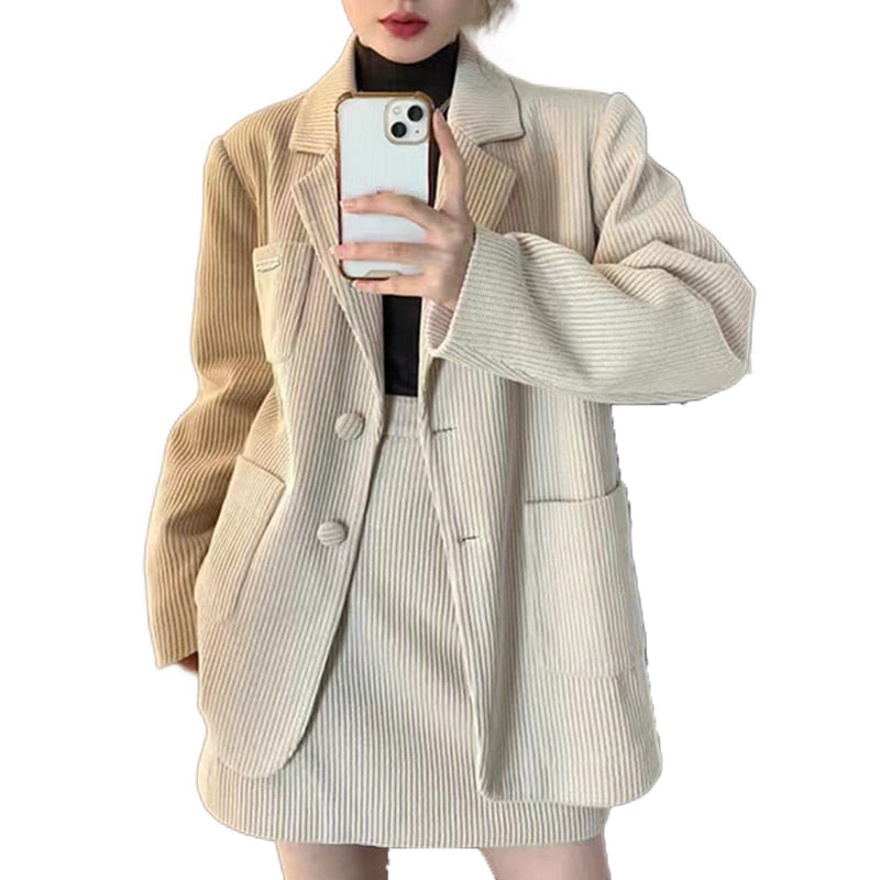 Skirt Suit Two Piece Set for Loose Long Sleeve Blazer and Mini Skirt