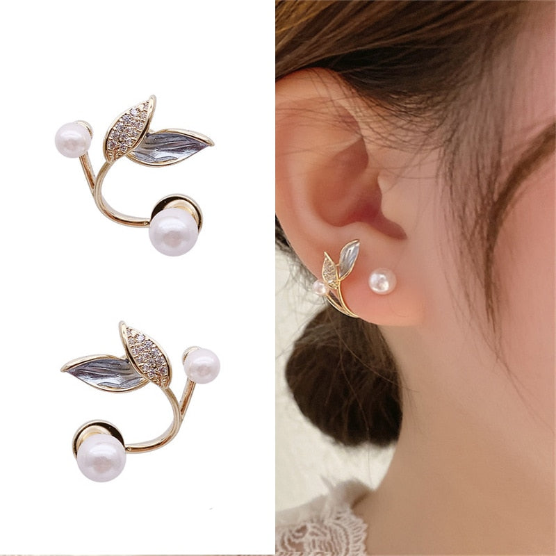 Fashion Zircon Tulip Flower Pearl Stud Earrings