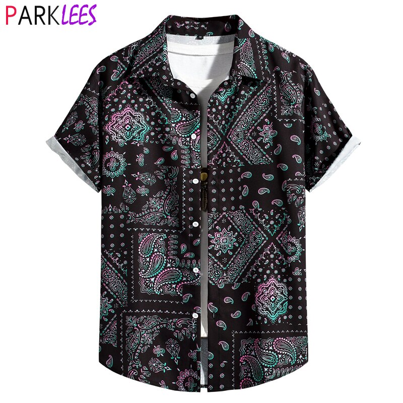 Vintage Paisley Floral Print Mens Hawaiian Shirt Short Sleeve