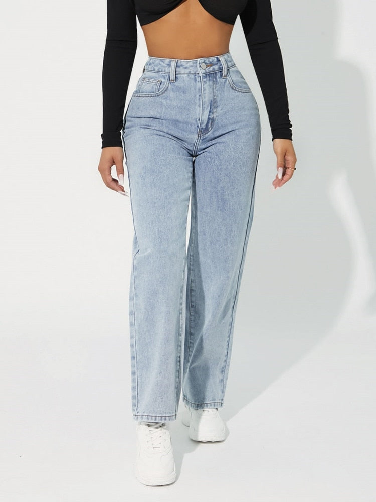 High Waist Straight Leg Jeans Simple Style Casual Cotton Denim Pants