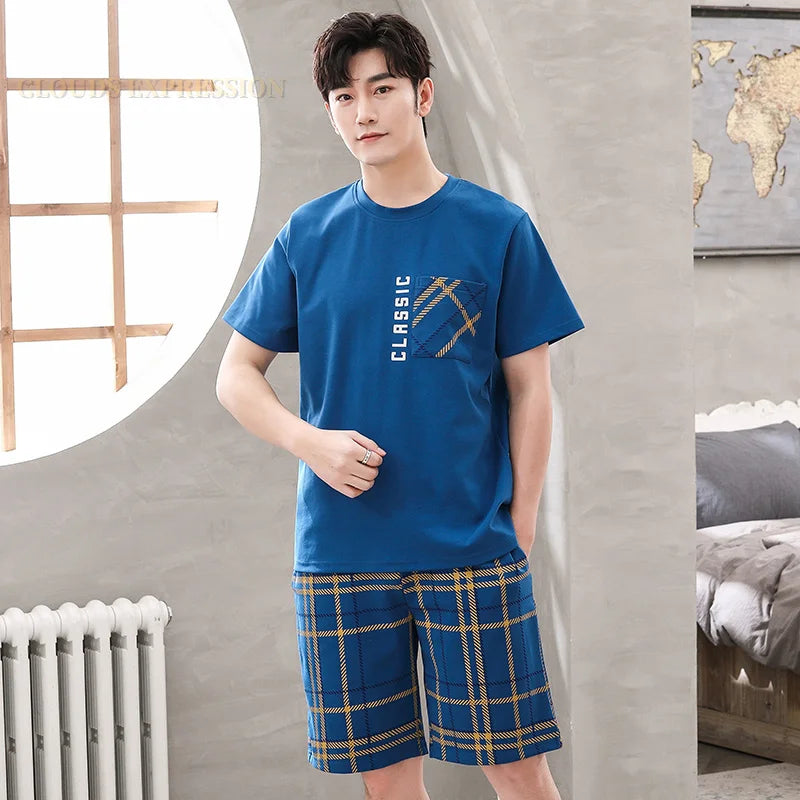 Mens Pajamas Casual Short Tops Lattice Short Pants