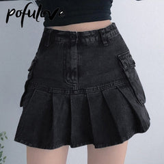 Jeans Mini Skirt Goth Denim Pleated Skirts with Big Pockets W