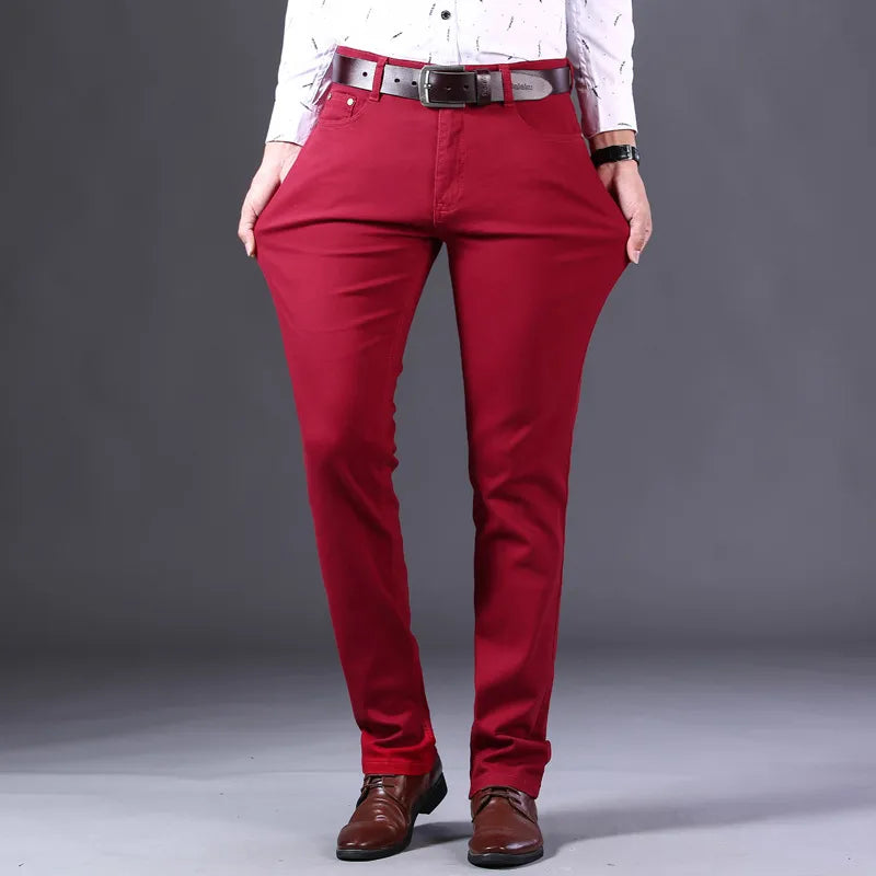 Classic Style Men's Wine Red Jeans Fashion Business Casual