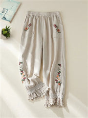 Women's Cotton Linen Pants Elastic Waist Floral Embroidery