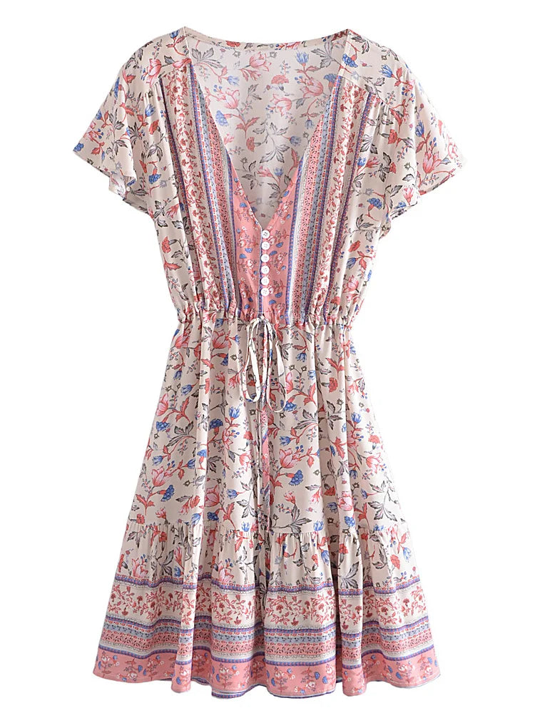 Print Short Sleeve Loose Bohemian Mini Dress Ladies V-neck  Rayon