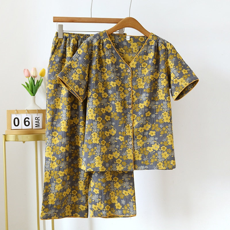 Cotton Short Sleeve Capris Two Piece Set Large Flower Thin Home Furnishing