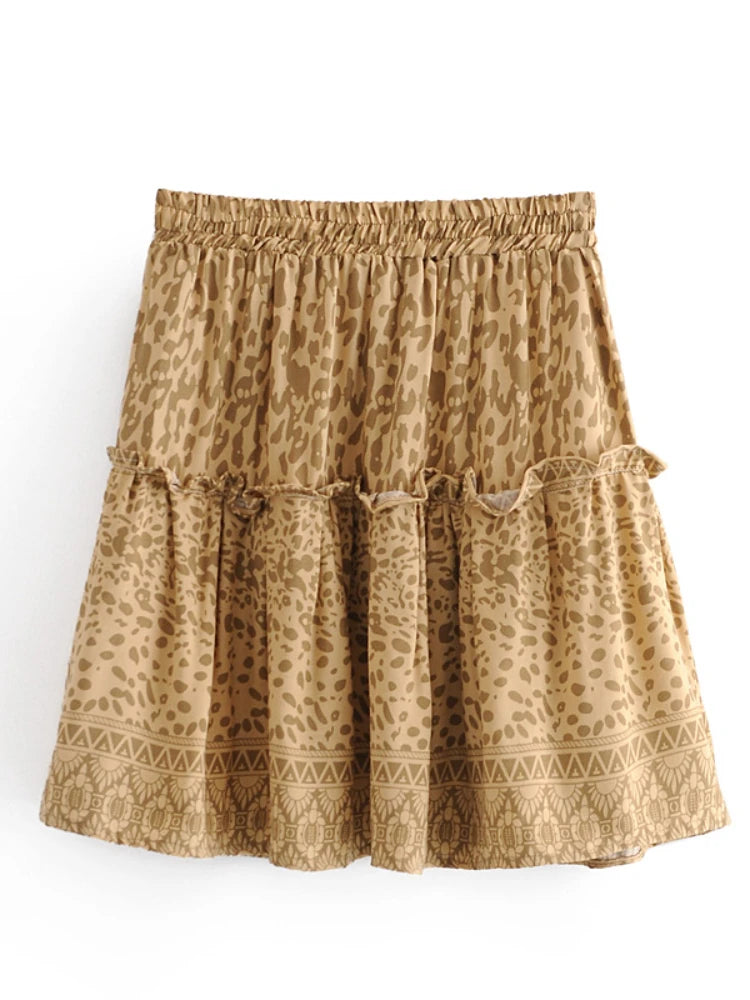 Vintage Leopard Printed Ruffles Tassel Bohemian Pleated Skirt