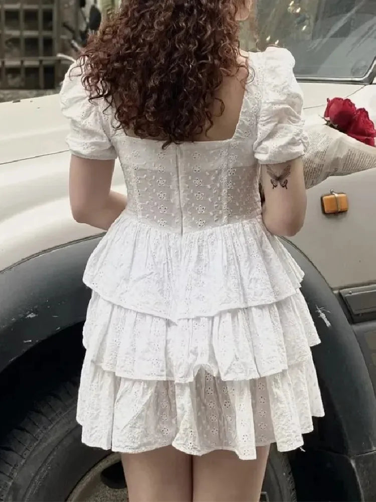 White Embroidery Lace Cotton Corset Style Mini Dress