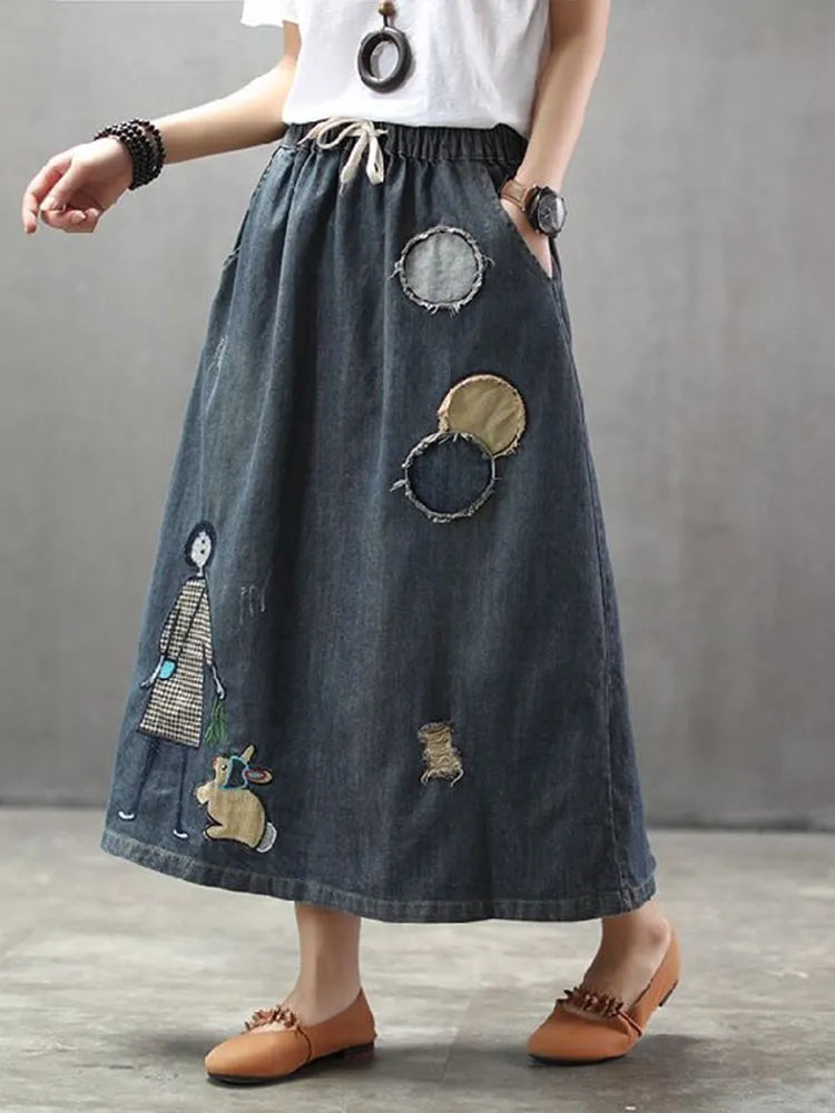 Fashion Streetwear Classic Embroidery Loose Denim Skirts