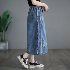 Ripped Side Striped Jeans Skirt Female High Waisted A-line