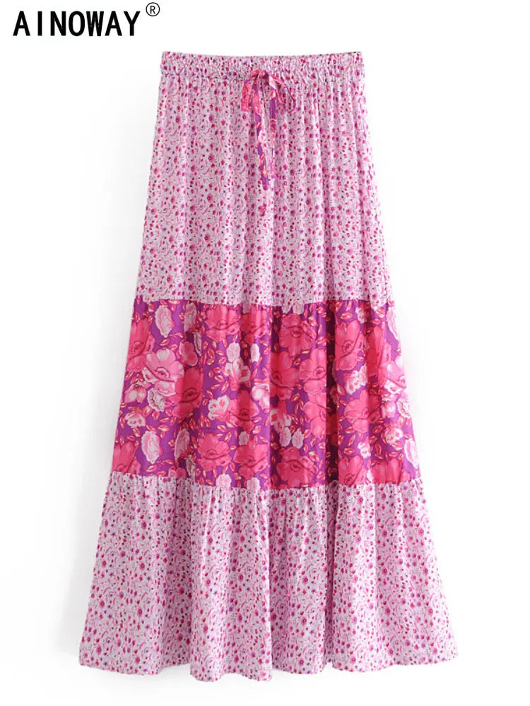 Vintage Chic Fashion Pink Floral Print Ruffles Skirt