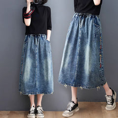 Vintage Ethnic Style Embroidery Denim Skirts Elastic High Waist