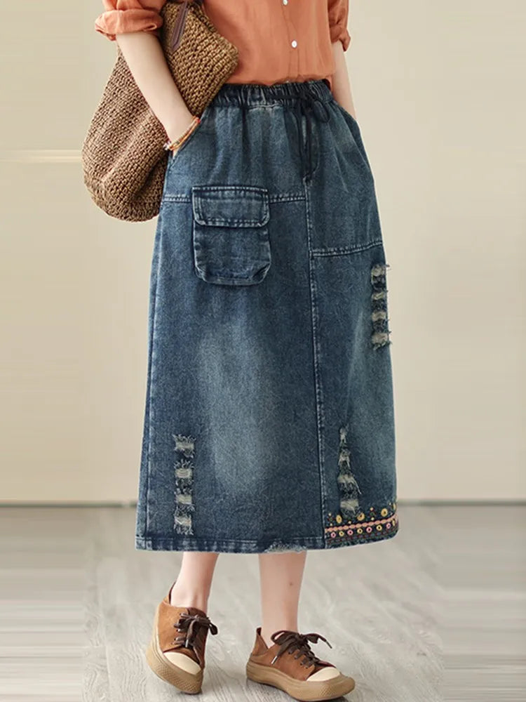 High Waist Denim Long Skirt Women Vintage Style Floral Embroidery