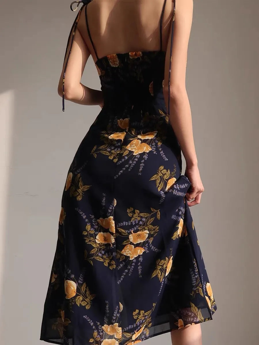 Retro French Style Navy Flower Print Adjust Spaghetti Strap Dress