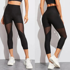 Ladies Black Patchwork Mesh Leggings Solid Color