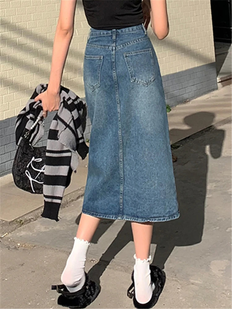 Front Split Women's Long Denim Skirt Vintage High Waist Jeans