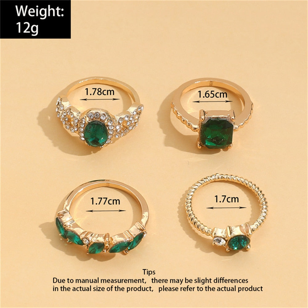 4Pcs Vintage Green Crystal Rings for Women Charms Geometric Set