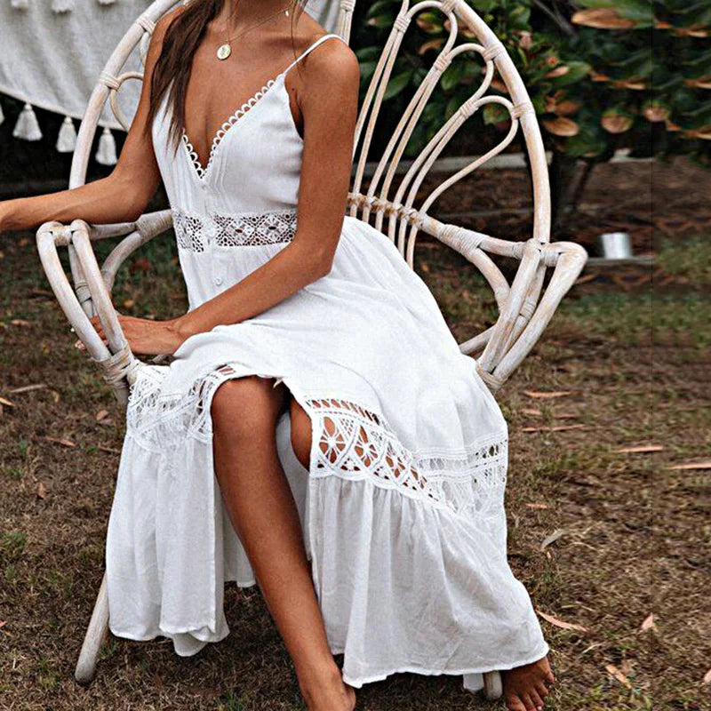 Solid Hollow Out Lace Strapless Bohemian Maxi Dress V-neck