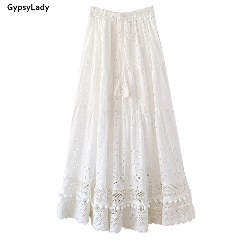 White Pleated Skirt Boho Casual Long Skirts Hollow Out Ruffles