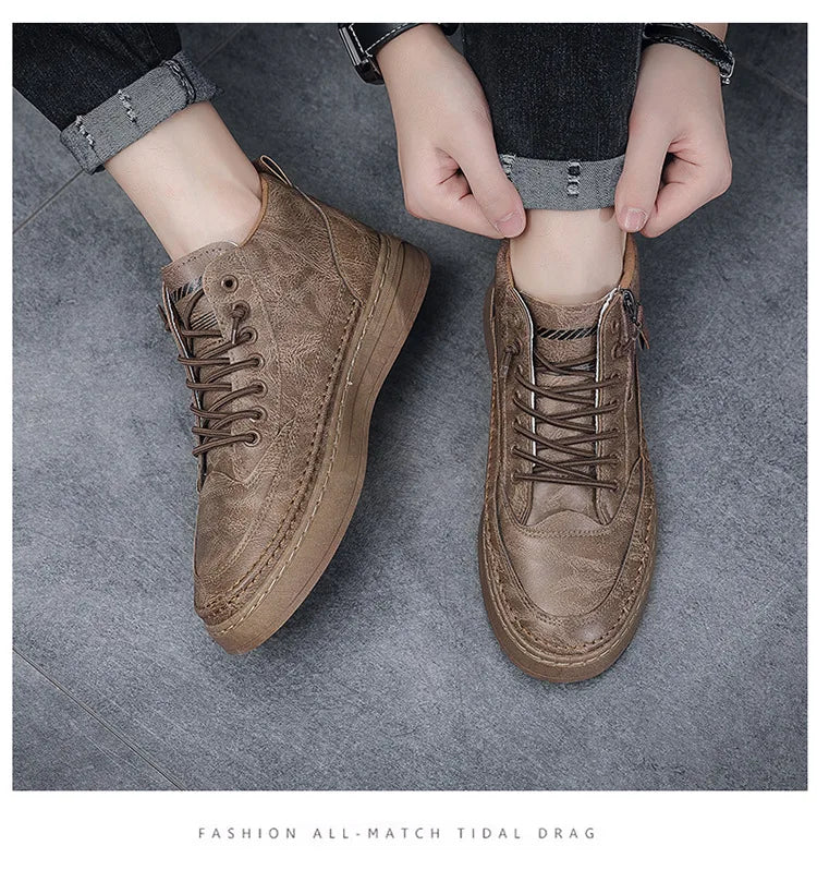 Leather Men's shoes Platform Warm Fur Ankle Short Lace Up Fashion