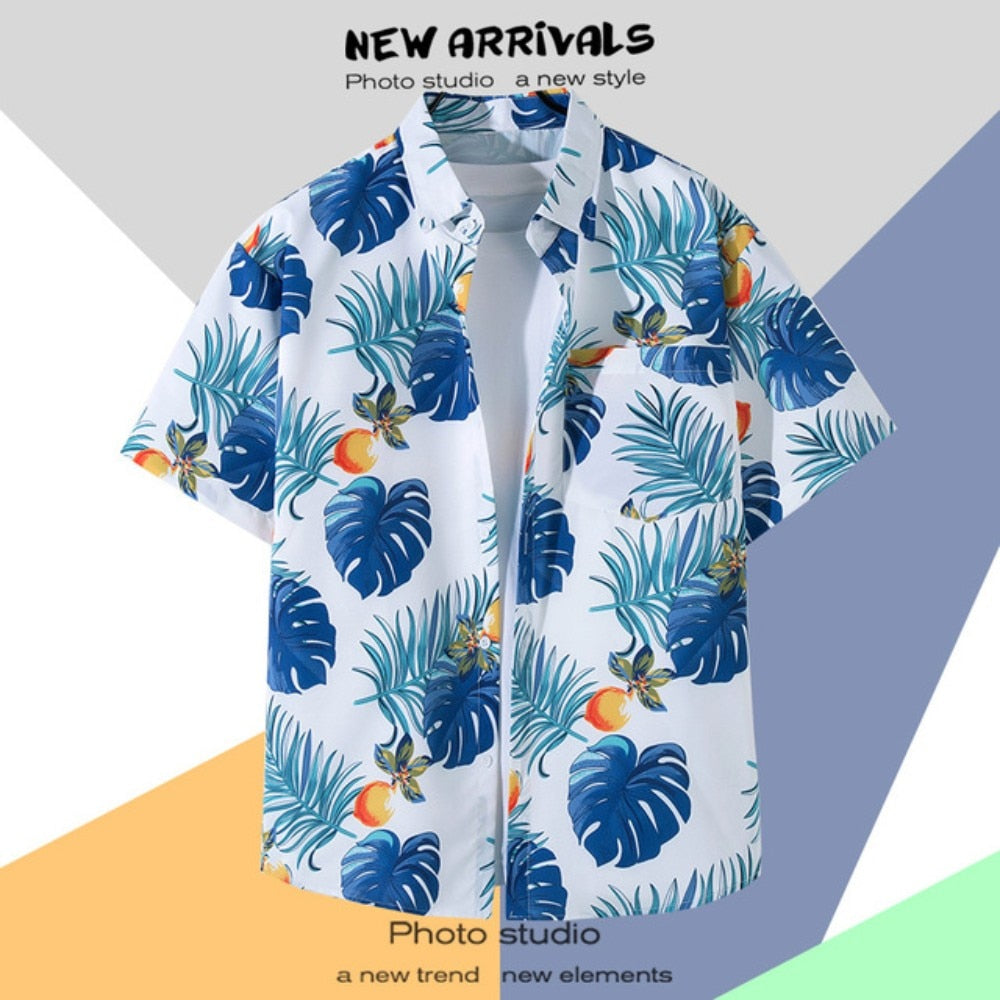 Hawaiian Men's Floral Shirt Summer Geometric Print Short Sleeved