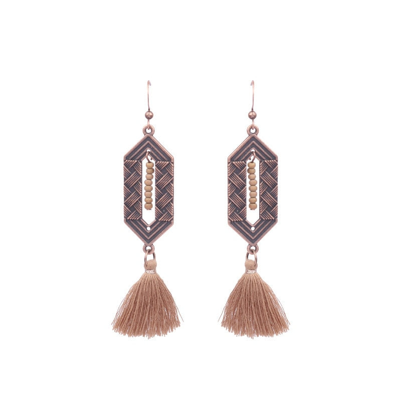 Bohemian Ethnic Brown Tassel Natural Wooden Hanging Earrings