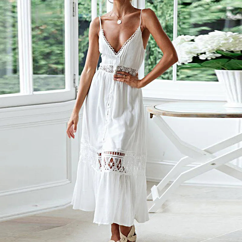 Solid Hollow Out Lace Strapless Bohemian Maxi Dress V-neck