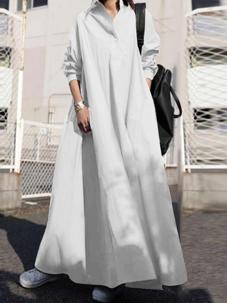 Solid Shirt Dress Long Sleeve Maxi Lapel Button Pockets