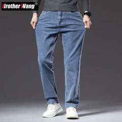 Plus Size Men's Blue Straight Loose Jeans Business Casual