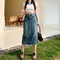 Fashion Y2K Denim Skirt Vintage Patchwork Split Slim A-line